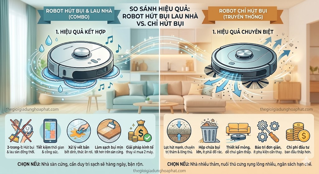 So sánh hiệu quả robot hút bụi lau nhà và hút bụi thường