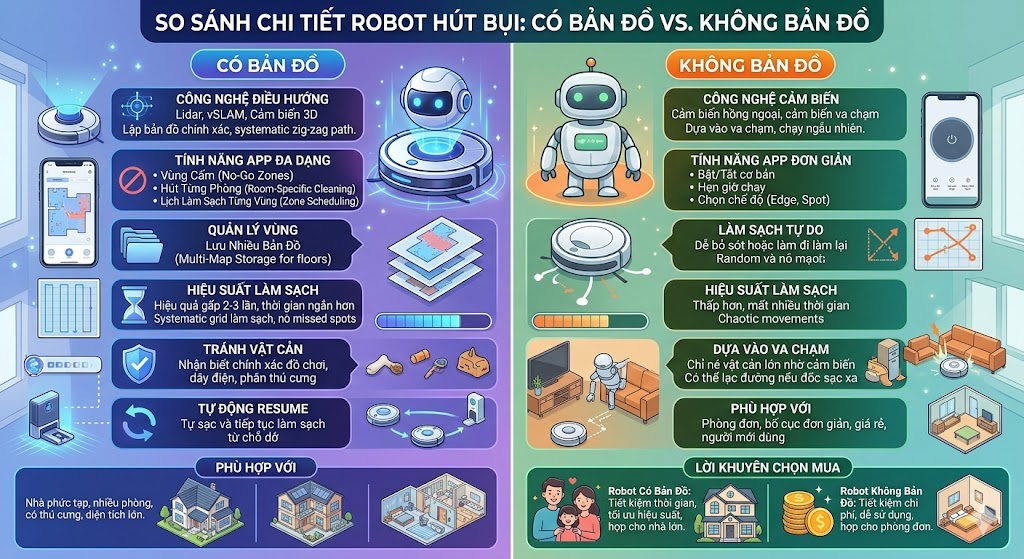 So sánh robot hút bụi có bản đồ và không bản đồ chi tiết