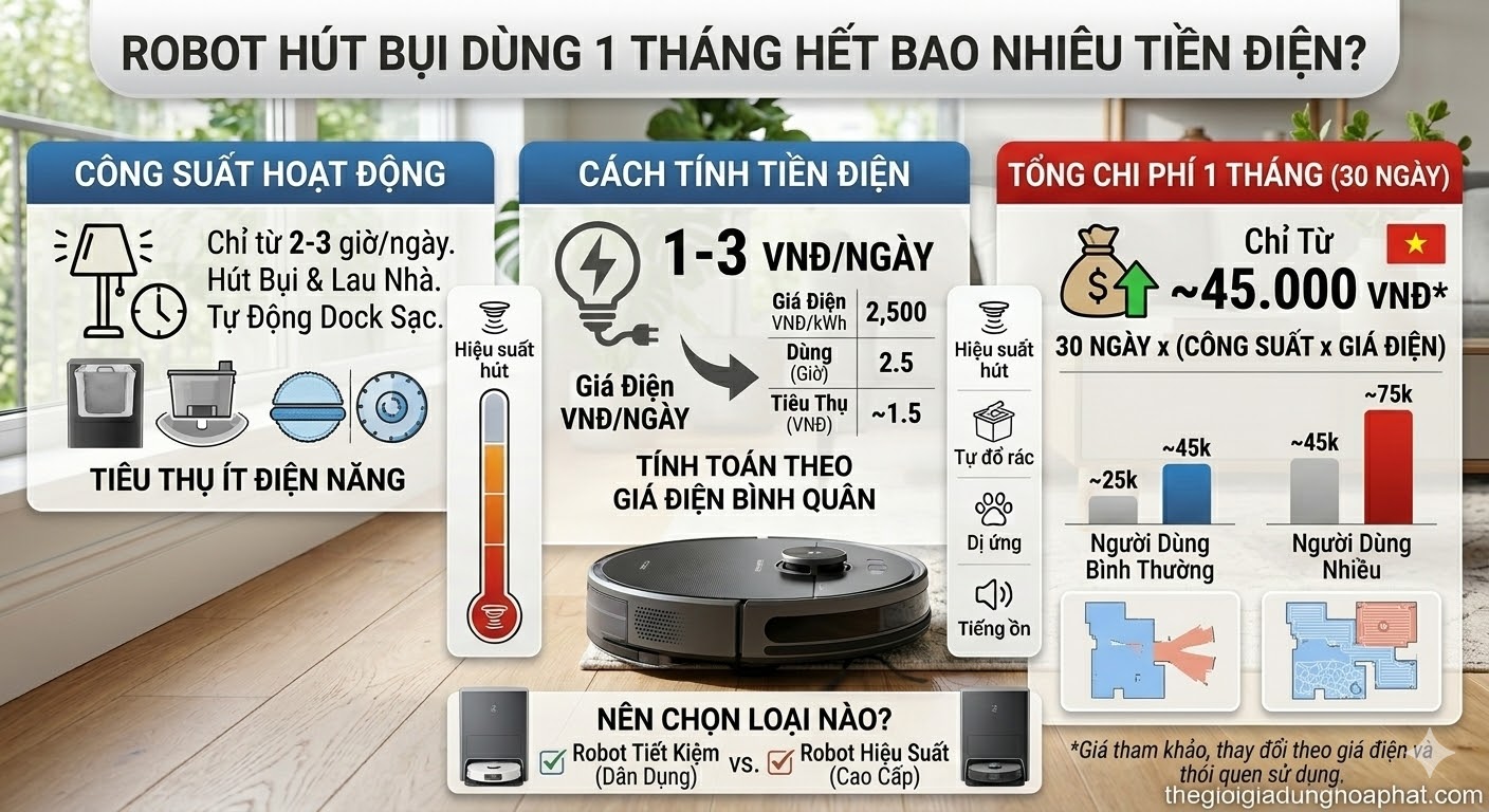 Robot Hút Bụi Dùng 1 Tháng Hết Bao Nhiêu Tiền Điện?