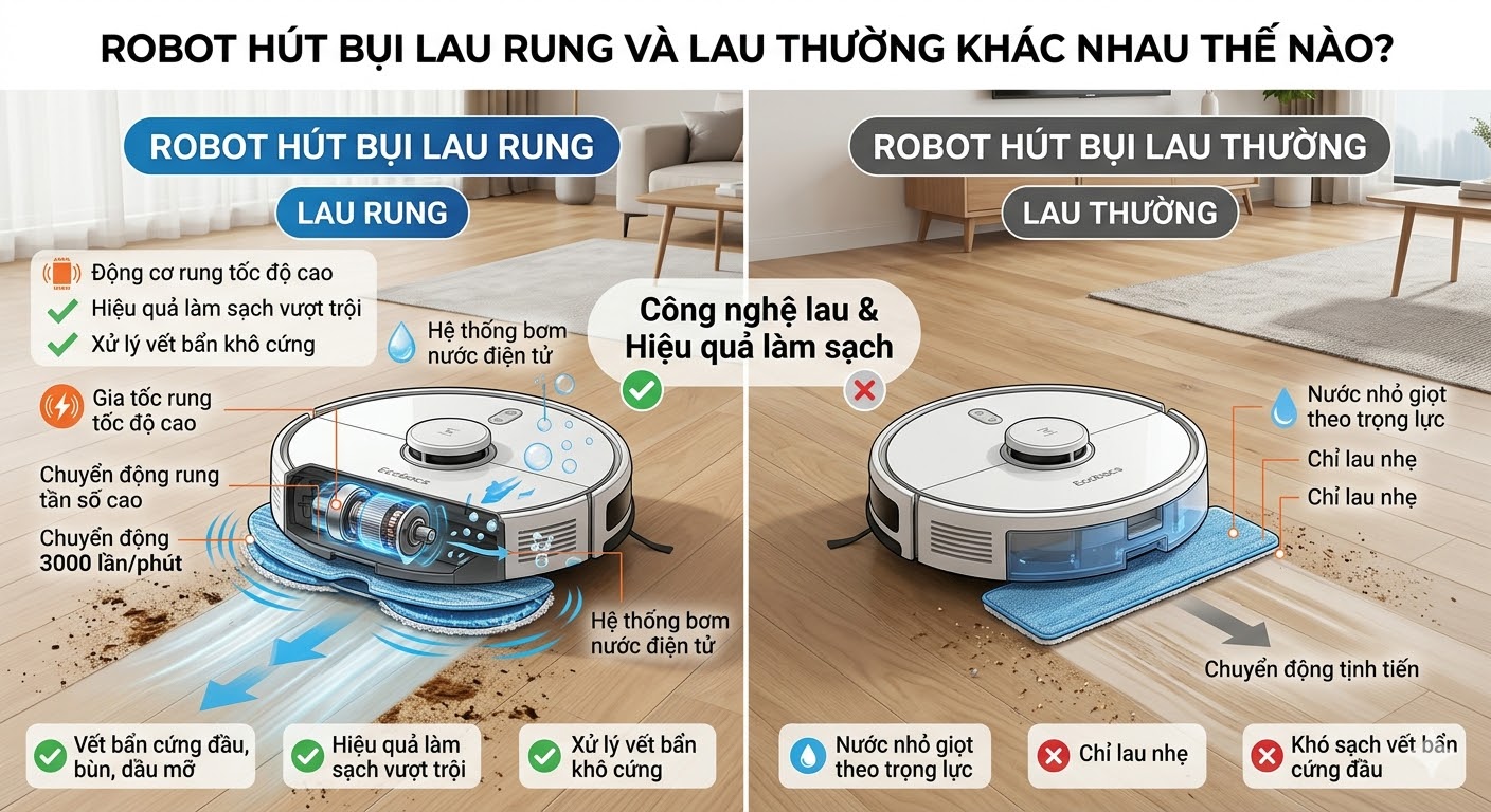 Robot hút bụi lau rung và lau thường khác nhau thế nào?