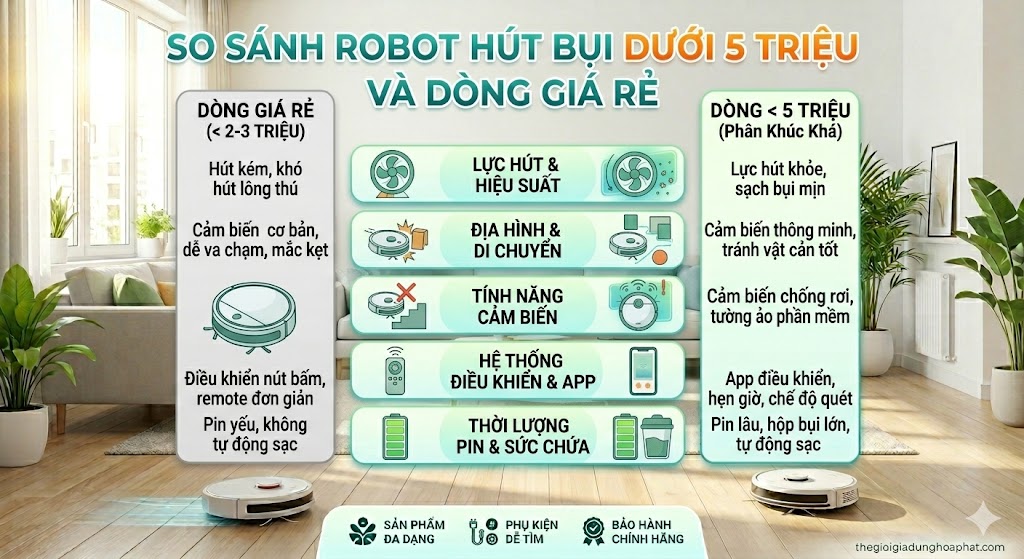 So sánh robot hút bụi dưới 5 triệu và dòng giá rẻ