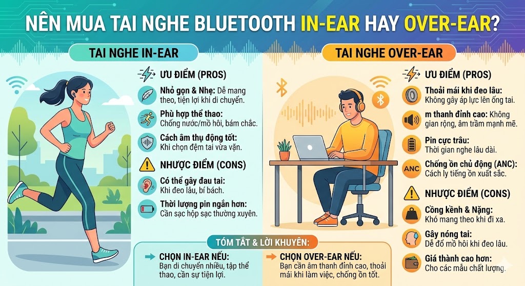Nên Mua Tai Nghe Bluetooth In-ear Hay Over-ear?