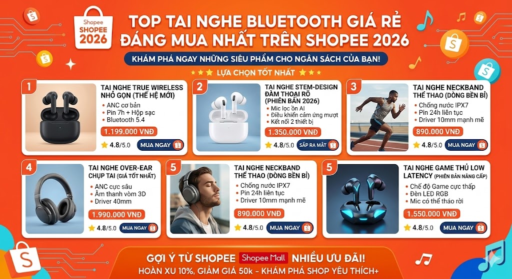 Top Tai Nghe Bluetooth Giá Rẻ Đáng Mua Nhất Trên Shopee 2026 Top Tai Nghe Bluetooth Giá Rẻ Đáng Mua Nhất Trên Shopee 2026