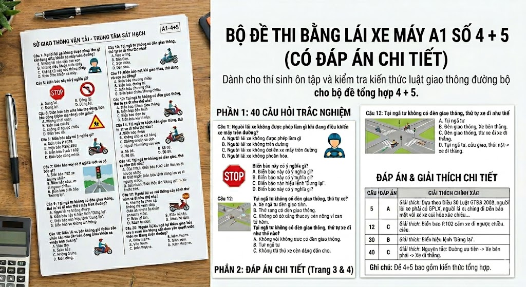 Bộ Đề Thi Bằng Lái Xe Máy A1 Số 4 + 5 (Luyện Thi Cấp Tốc) Bộ Đề Thi Bằng Lái Xe Máy A1 Số 4 + 5 (Luyện Thi Cấp Tốc)