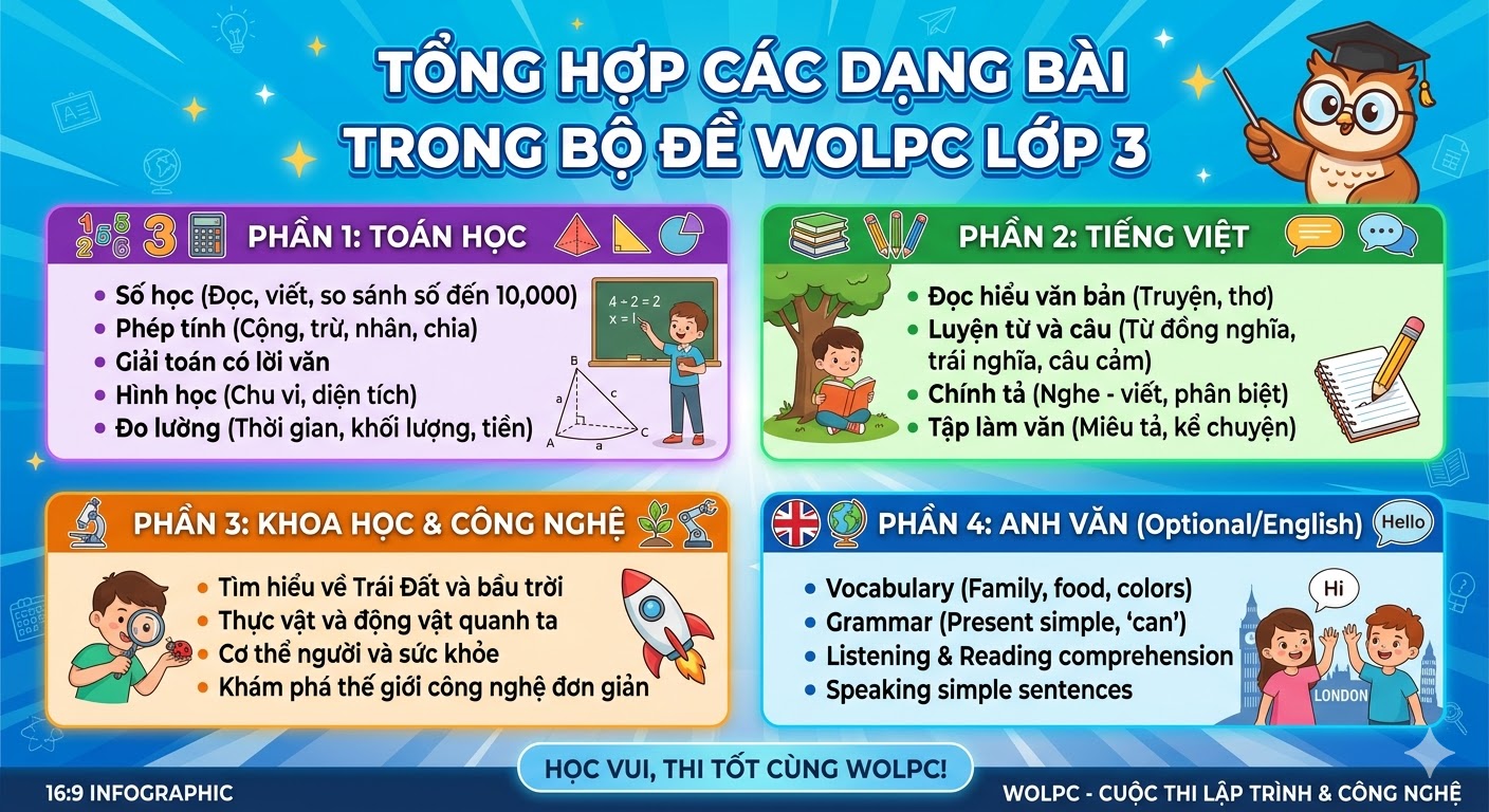 Tổng hợp các dạng bài trong bộ đề WOLPC lớp 3