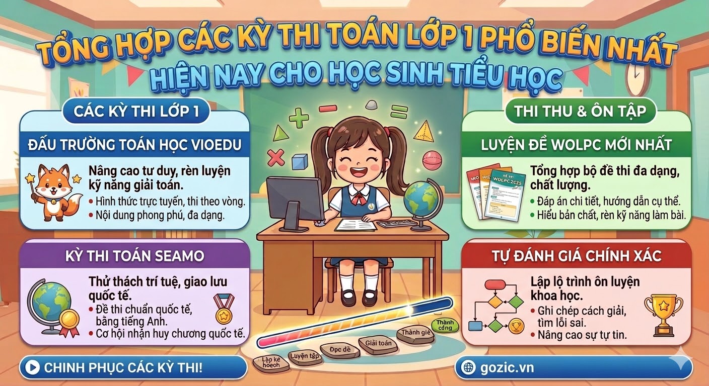 Tổng hợp các kỳ thi Toán lớp 1 phổ biến nhất hiện nay cho học sinh tiểu học Tổng hợp các kỳ thi Toán lớp 1 phổ biến nhất hiện nay cho học sinh tiểu học