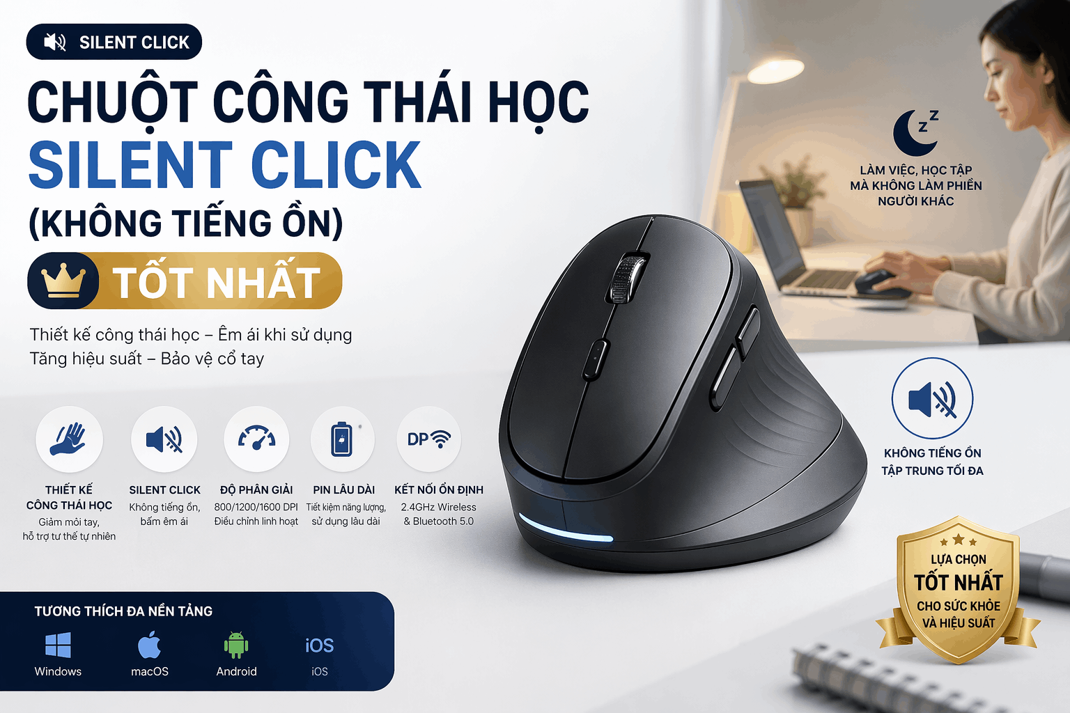 Chuột Công Thái Học Silent Click (Không Tiếng Ồn) Tốt Nhất