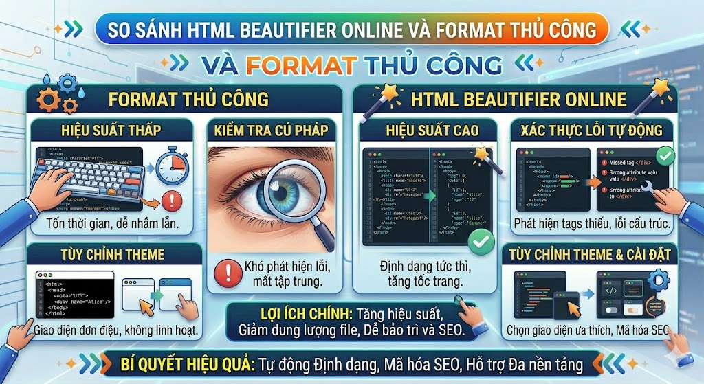 So sánh HTML Beautifier Online và format thủ công