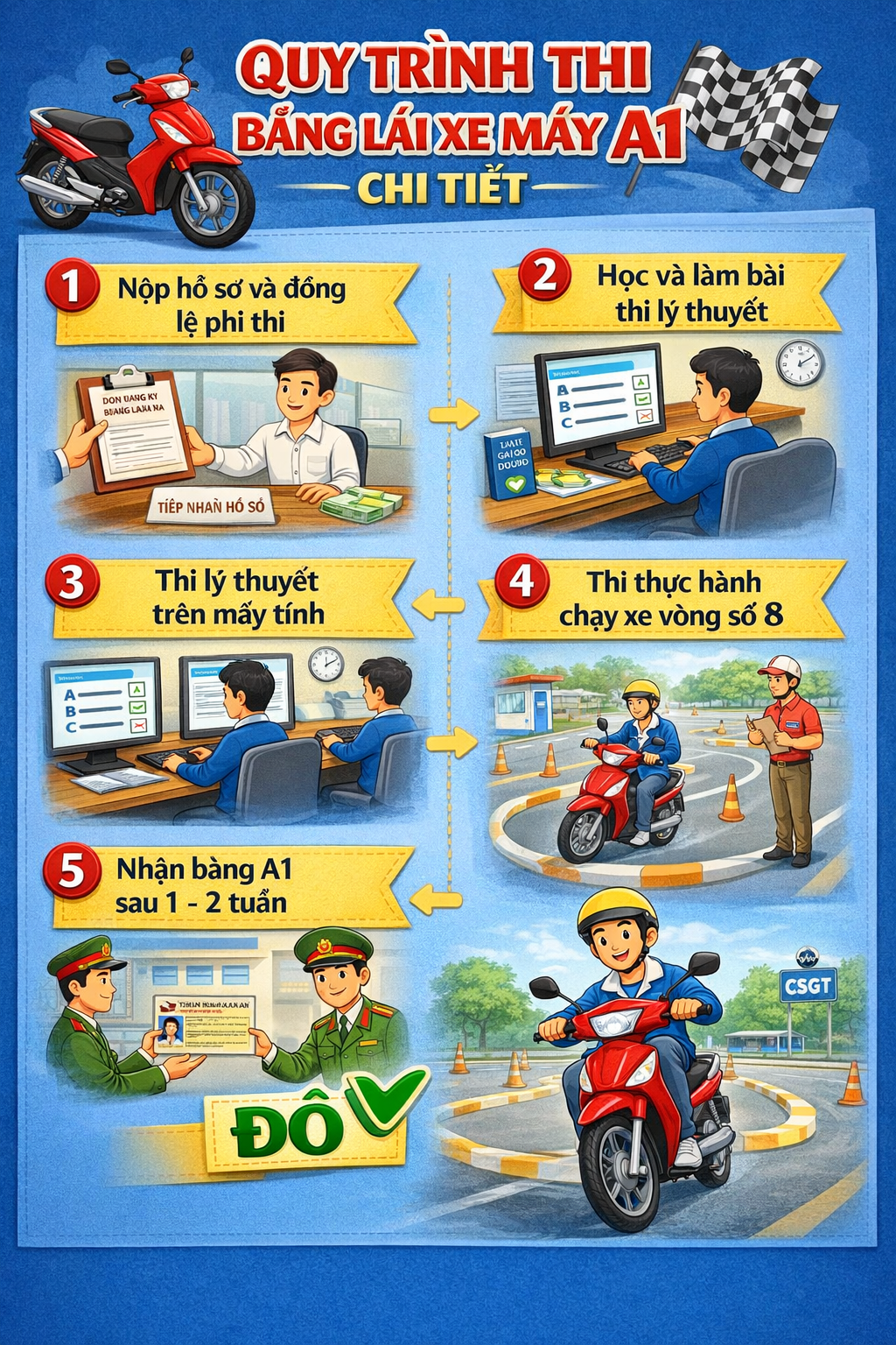 Quy trình thi bằng lái xe máy A1 chi tiết Quy trình thi bằng lái xe máy A1 chi tiết