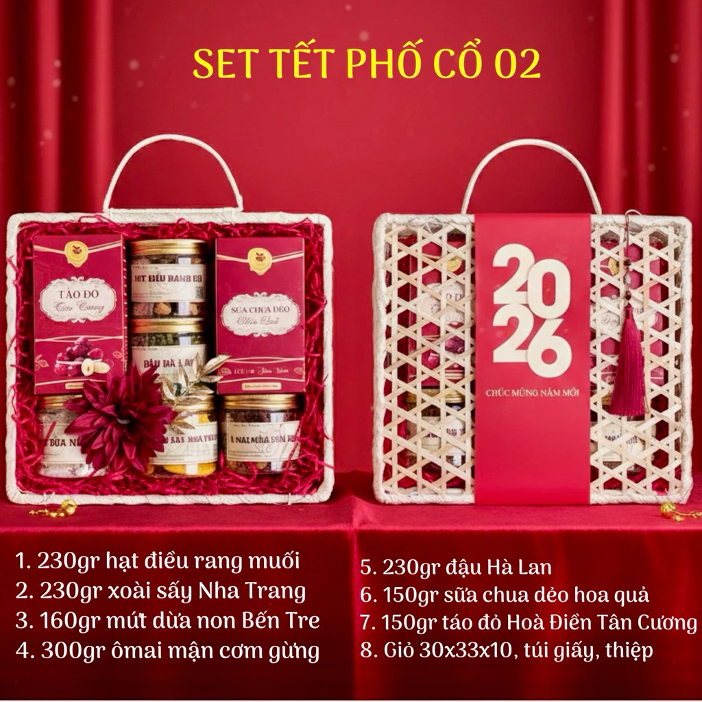 Set quà Tết PHUSA hạt dinh dưỡng, xoài sấy dẻo, giỏ quà Tết hạt điều macca