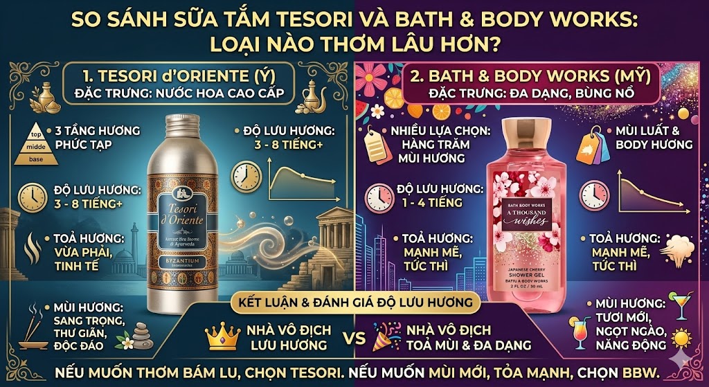 So Sánh Sữa Tắm Tesori Và Bath & Body Works Loại Nào Thơm Lâu Hơn?