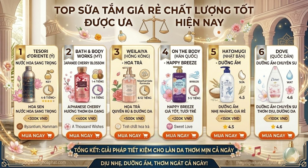 Top sữa tắm giá rẻ chất lượng tốt được ưa chuộng hiện nay
