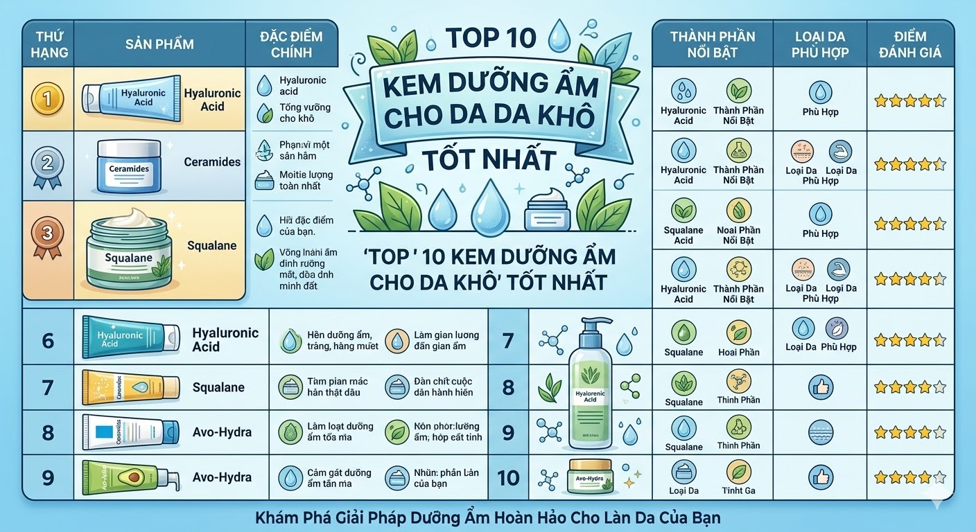 Top 10 Kem Dưỡng Ẩm Cho Da Khô Tốt Nhất