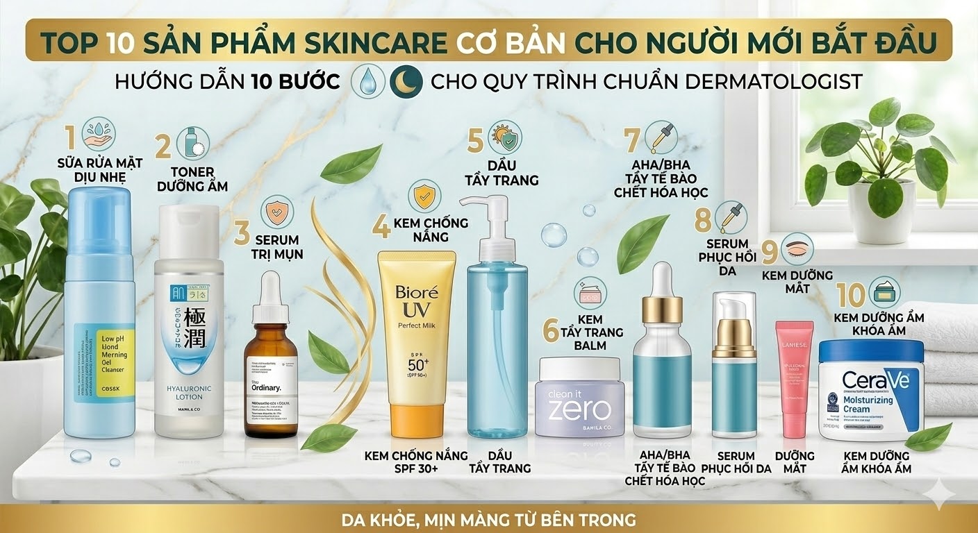 Skincare ngày càng trở thành thói quen quan trọng trong việc chăm sóc sức khỏe làn da. Tuy nhiên, với những người mới bắt đầu, việc lựa chọn sản phẩm phù hợp có thể khiến bạn cảm thấy bối rối vì thị trường có quá nhiều lựa chọn khác nhau. Nếu không hiểu rõ làn da của mình cần gì, bạn rất dễ mua phải những sản phẩm không phù hợp, gây lãng phí và thậm chí khiến da kích ứng.  Chính vì vậy, việc lựa chọn sản phẩm skincare cho người mới cần ưu tiên sự đơn giản, an toàn và hiệu quả. Một bộ skincare cơ bản không cần quá nhiều bước phức tạp nhưng vẫn đảm bảo cung cấp đầy đủ các dưỡng chất cần thiết cho làn da.  Trong bài viết này, chúng tôi sẽ giới thiệu Top 10 sản phẩm skincare cơ bản cho người mới bắt đầu, giúp bạn xây dựng routine chăm sóc da hiệu quả và khoa học ngay từ đầu.  Nếu bạn chưa hiểu rõ về nền tảng skincare, hãy tham khảo thêm bài viết chăm sóc da là gì tại đây: https://gozic.vn/cham-soc-da-la-gi-huong-dan-skincare-dung-cach-cho-nguoi-moi.html  Vì Sao Người Mới Nên Bắt Đầu Với Bộ Skincare Cơ Bản?  Nhiều người khi bắt đầu chăm sóc da thường có xu hướng mua rất nhiều sản phẩm cùng lúc. Tuy nhiên, các chuyên gia da liễu khuyên rằng bạn nên bắt đầu từ bộ skincare cơ bản trước khi bổ sung các bước nâng cao.  Một routine skincare đơn giản mang lại nhiều lợi ích như:  1. Giúp da thích nghi từ từ  Làn da cần thời gian để thích nghi với các hoạt chất dưỡng da. Nếu sử dụng quá nhiều sản phẩm cùng lúc, da có thể bị kích ứng hoặc nổi mụn.  2. Dễ dàng xác định sản phẩm phù hợp  Khi chỉ sử dụng vài sản phẩm cơ bản, bạn có thể dễ dàng nhận biết sản phẩm nào phù hợp hoặc gây kích ứng.  3. Tiết kiệm chi phí  Một bộ skincare cơ bản thường chỉ cần:  Sữa rửa mặt  Serum  Kem dưỡng  Mặt nạ  Kem chống nắng  Điều này giúp bạn tiết kiệm đáng kể chi phí mà vẫn đảm bảo chăm sóc da hiệu quả.  Ngoài ra, để hiểu rõ thứ tự sử dụng sản phẩm, bạn nên tham khảo quy trình skincare chuẩn tại đây: https://gozic.vn/quy-trinh-cham-soc-da-co-ban-7-buoc-chuan-dermatologist.html  Tiêu Chí Chọn Sản Phẩm Skincare Cho Người Mới  Không phải sản phẩm nào cũng phù hợp với người mới bắt đầu. Khi chọn sản phẩm skincare cho người mới, bạn nên ưu tiên các tiêu chí sau.  Thành phần an toàn  Các sản phẩm nên có:  Thành phần dịu nhẹ  Ít hương liệu  Không chứa cồn mạnh  Phù hợp với loại da  Trước khi mua skincare, bạn cần xác định loại da của mình:  Da dầu  Da khô  Da hỗn hợp  Da nhạy cảm  Việc chọn sản phẩm đúng loại da sẽ giúp skincare đạt hiệu quả tốt hơn.  Thương hiệu uy tín  Nên lựa chọn sản phẩm từ thương hiệu có nguồn gốc rõ ràng và được đánh giá tốt trên thị trường.  Top 10 Sản Phẩm Skincare Cơ Bản Cho Người Mới Bắt Đầu  Dưới đây là danh sách 10 sản phẩm skincare cơ bản phù hợp với người mới bắt đầu.  1. Sữa Rửa Mặt Seefair Dưỡng Sáng Da  Link sản phẩm: https://s.shopee.vn/9fFwDcg2BL  Sữa rửa mặt là bước quan trọng nhất trong bộ skincare cơ bản. Một sản phẩm rửa mặt tốt sẽ giúp loại bỏ bụi bẩn, dầu thừa và tạp chất trên da.  Sữa rửa mặt Seefair nổi bật với các công dụng:  Làm sạch sâu lỗ chân lông  Hỗ trợ dưỡng sáng da  Giảm thâm và tàn nhang  Giữ độ ẩm tự nhiên cho da  Sản phẩm phù hợp với:  Người mới bắt đầu skincare  Da xỉn màu  Da cần dưỡng sáng nhẹ nhàng  Với công thức dịu nhẹ, đây là lựa chọn phù hợp cho những ai đang tìm kiếm sản phẩm skincare cho người mới.  2. Serum Vivant Mandelic Acid 8%  Link sản phẩm: https://s.shopee.vn/5VQNFyZM8v  Serum là bước dưỡng chuyên sâu giúp cải thiện các vấn đề da như mụn, thâm hay lão hóa.  Serum Vivant Mandelic Acid 8% được nhiều người đánh giá cao nhờ khả năng:  Giảm mụn hiệu quả  Làm mờ vết thâm  Hỗ trợ chống lão hóa  Cải thiện kết cấu da  Mandelic Acid là một loại AHA dịu nhẹ nên phù hợp với người mới bắt đầu sử dụng acid trong skincare.  Ưu điểm nổi bật:  Ít gây kích ứng  Thẩm thấu nhanh  Phù hợp nhiều loại da  Đây là sản phẩm đáng cân nhắc trong bộ skincare cơ bản dành cho người mới.  3. Mặt Nạ Vitamin C LANBENA  Link sản phẩm: https://s.shopee.vn/6fcKe881yy  Mặt nạ dưỡng da là bước bổ sung dưỡng chất giúp da phục hồi nhanh hơn.  Mặt nạ LANBENA Vitamin C mang lại nhiều lợi ích như:  Dưỡng ẩm sâu  Làm sáng da  Giảm nếp nhăn  Nuôi dưỡng và phục hồi da  Vitamin C là thành phần nổi tiếng trong skincare với khả năng:  Làm đều màu da  Tăng độ sáng  Chống oxy hóa  Đối với người mới bắt đầu, sử dụng mặt nạ 2–3 lần mỗi tuần là đủ để cải thiện làn da.  4. Toner Cấp Ẩm Dịu Nhẹ  Toner giúp cân bằng độ pH và chuẩn bị da cho các bước dưỡng tiếp theo.  Một toner tốt nên có các thành phần như:  Hyaluronic Acid  Glycerin  Chiết xuất thiên nhiên  Công dụng của toner gồm:  Cân bằng độ ẩm  Làm dịu da  Se khít lỗ chân lông  Toner là bước không thể thiếu trong bộ skincare cơ bản.  5. Serum Hyaluronic Acid Cấp Ẩm  Serum HA giúp cung cấp độ ẩm sâu cho da và giữ nước trong da hiệu quả.  Công dụng chính:  Dưỡng ẩm mạnh  Giúp da căng mọng  Giảm tình trạng khô da  Serum cấp ẩm là sản phẩm rất phù hợp với sản phẩm skincare cho người mới.  6. Kem Dưỡng Ẩm Cho Da Mặt  Kem dưỡng giúp khóa ẩm và bảo vệ hàng rào tự nhiên của da.  Một số lợi ích của kem dưỡng:  Giữ nước trong da  Tăng độ mềm mại  Bảo vệ da khỏi tác nhân môi trường  Người mới nên chọn:  Gel cream nhẹ  Lotion dưỡng ẩm dịu nhẹ  7. Kem Chống Nắng Hàng Ngày  Kem chống nắng là sản phẩm quan trọng nhất trong skincare.  Tia UV có thể gây ra:  Lão hóa da  Nám và tàn nhang  Ung thư da  Một kem chống nắng tốt nên có:  SPF từ 30 trở lên  PA+++  Kết cấu nhẹ  8. Tẩy Trang Dịu Nhẹ  Ngay cả khi không trang điểm, bạn vẫn nên sử dụng tẩy trang.  Tẩy trang giúp loại bỏ:  Kem chống nắng  Bụi bẩn  Dầu thừa  Điều này giúp da sạch sâu và hạn chế bít tắc lỗ chân lông.  9. Tẩy Tế Bào Chết Cho Da  Tẩy tế bào chết giúp loại bỏ lớp da chết trên bề mặt.  Lợi ích gồm:  Làm sáng da  Giúp dưỡng chất hấp thụ tốt hơn  Cải thiện kết cấu da  Người mới chỉ nên sử dụng 1–2 lần mỗi tuần.  10. Xịt Khoáng Dưỡng Ẩm  Xịt khoáng giúp cấp nước nhanh chóng cho da.  Công dụng:  Làm dịu da  Cấp ẩm tức thì  Giữ lớp makeup lâu hơn  Đây là sản phẩm bổ sung hữu ích trong routine skincare.  Người Mới Bắt Đầu Nên Xây Dựng Routine Skincare Như Thế Nào?  Đối với người mới, bạn chỉ cần một routine đơn giản gồm:  Buổi sáng  Sữa rửa mặt  Toner  Serum  Kem dưỡng  Kem chống nắng  Buổi tối  Tẩy trang  Sữa rửa mặt  Toner  Serum  Kem dưỡng  Routine này giúp làn da được chăm sóc đầy đủ mà không gây quá tải.  Kết Luận  Việc lựa chọn sản phẩm skincare cho người mới không cần quá phức tạp. Một bộ skincare cơ bản chỉ cần những sản phẩm thiết yếu như sữa rửa mặt, toner, serum, kem dưỡng và kem chống nắng là đủ để chăm sóc làn da hiệu quả.  Danh sách Top 10 sản phẩm skincare cơ bản cho người mới bắt đầu trong bài viết này sẽ giúp bạn dễ dàng xây dựng routine phù hợp, đặc biệt nếu bạn mới làm quen với skincare.  Điều quan trọng nhất khi chăm sóc da là:  Kiên trì sử dụng sản phẩm  Lựa chọn sản phẩm phù hợp với loại da  Thực hiện đúng thứ tự skincare  Ngoài ra, bạn cũng nên kết hợp chế độ sinh hoạt lành mạnh, uống đủ nước và ngủ đủ giấc để làn da luôn khỏe mạnh từ bên trong.  Skincare không chỉ là thói quen làm đẹp mà còn là cách chăm sóc sức khỏe lâu dài cho làn da. Khi bắt đầu với bộ skincare cơ bản phù hợp, bạn sẽ dần cảm nhận được sự thay đổi tích cực của làn da theo thời gian.